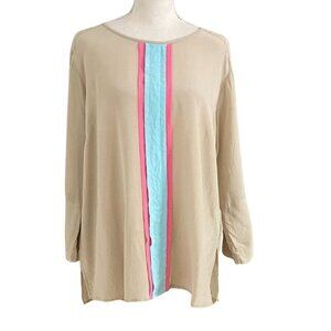 RIANI CHAMPAGNE 100% SILK LONG SLEEVE BLOUSE WITH NEON PINK BABY BLUE STRIPES ST